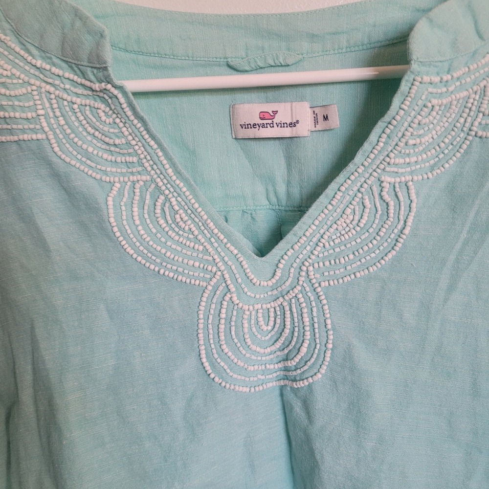 Vineyard Vines Linen Blend Beaded V Neck Tunic Top Women's M Aqua Teal Turquoise - Picture 3 of 7